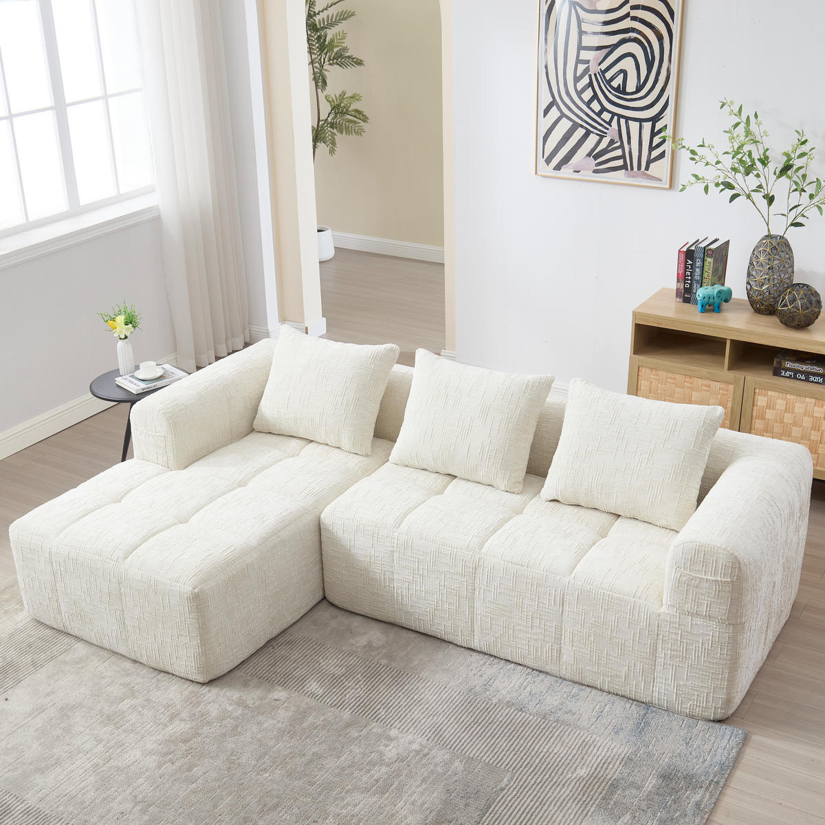 ECKSOFA Chenille Beige mit Kissen und Seitentaschen - Beige, Textil (250/158cm) - WISHDOR