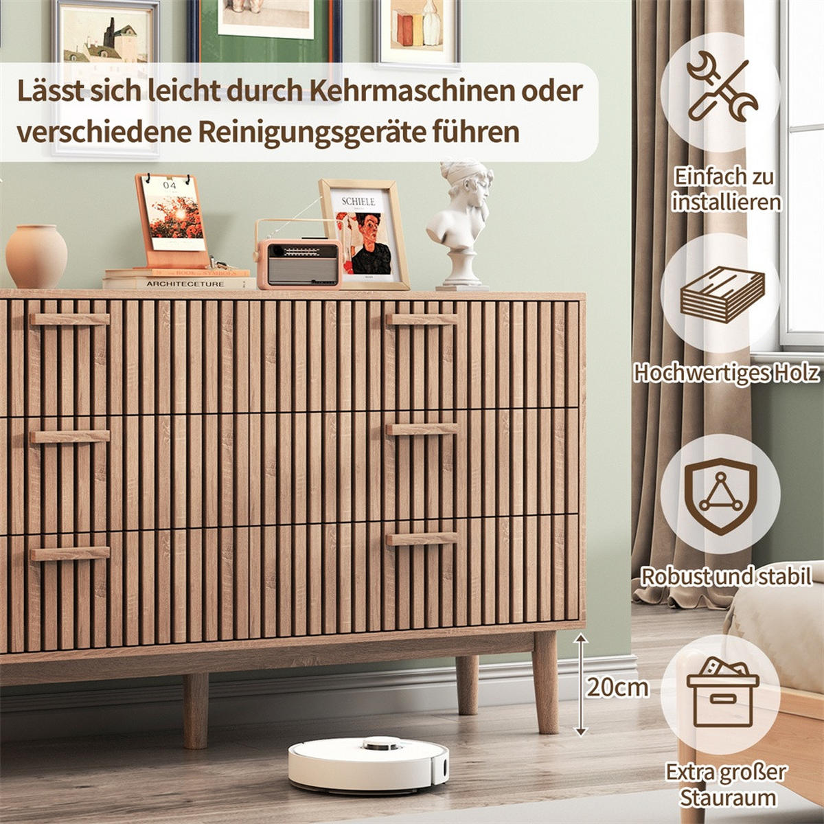 KOMMODE mit 6 Schubladen - gerillte Fronten und konische Beine - für Wohnzimmer und Schlafzimmer - Eichefarben, Holzwerkstoff (100/73/34cm) - DELFA