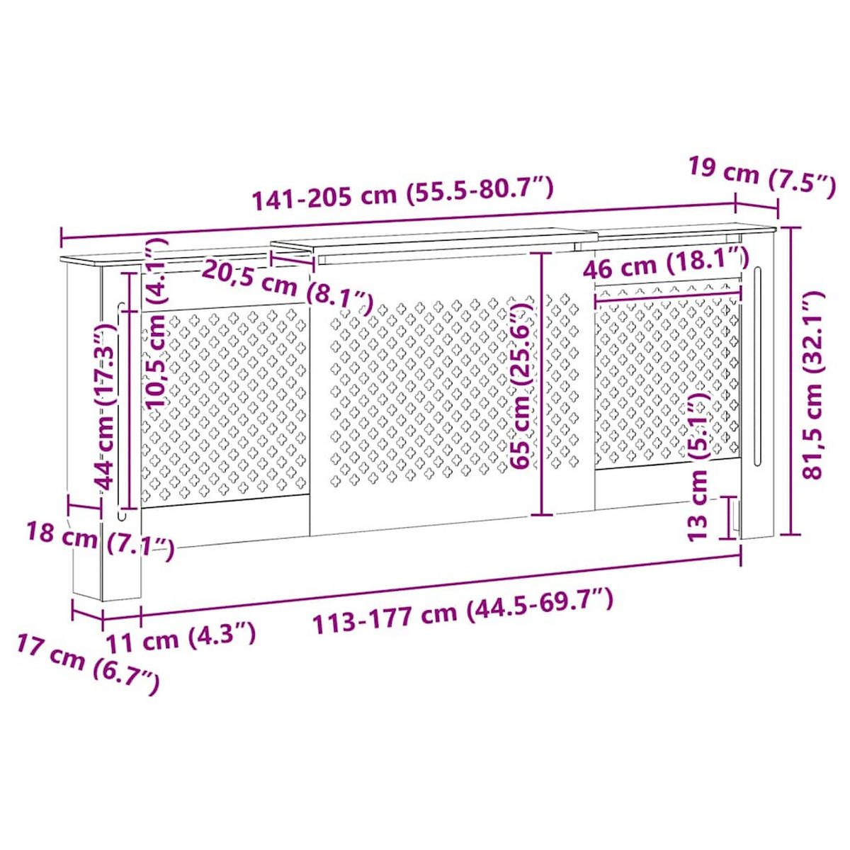 HEIZKÖRPERABDECKUNG mit mit Rautenmuster, 141-205 cm, aus MDF, Weiß, modernes Design für Wohnzimmer - Weiß, Holz (19/205/81.5cm) - vidaXL