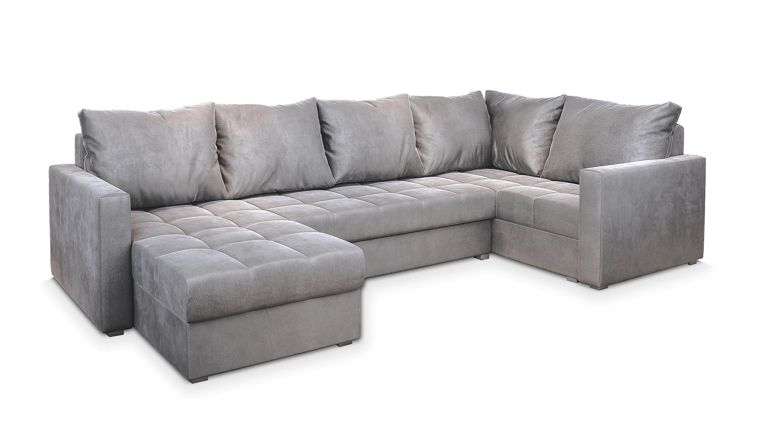 WOHNLANDSCHAFT LORIVO L-S Hellgrau Plüsch-Stoff mit Schlaffunktion - Hellgrau, Holz (285/85/150cm) - MASSENO