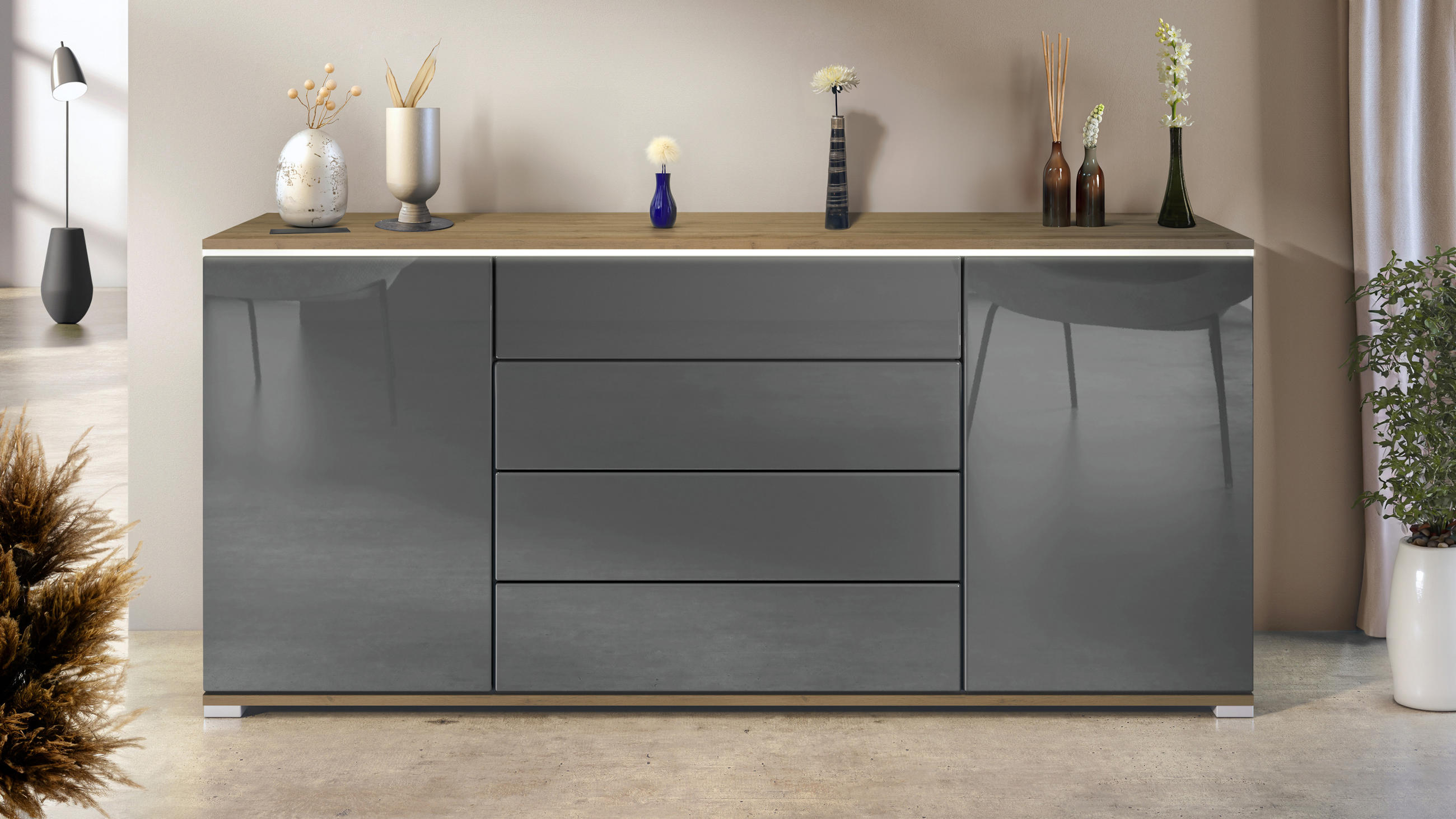 SIDEBOARD Faro Grau Hochglanz - Grau, Holzwerkstoff (166.5/75.5/35cm) - Vladon