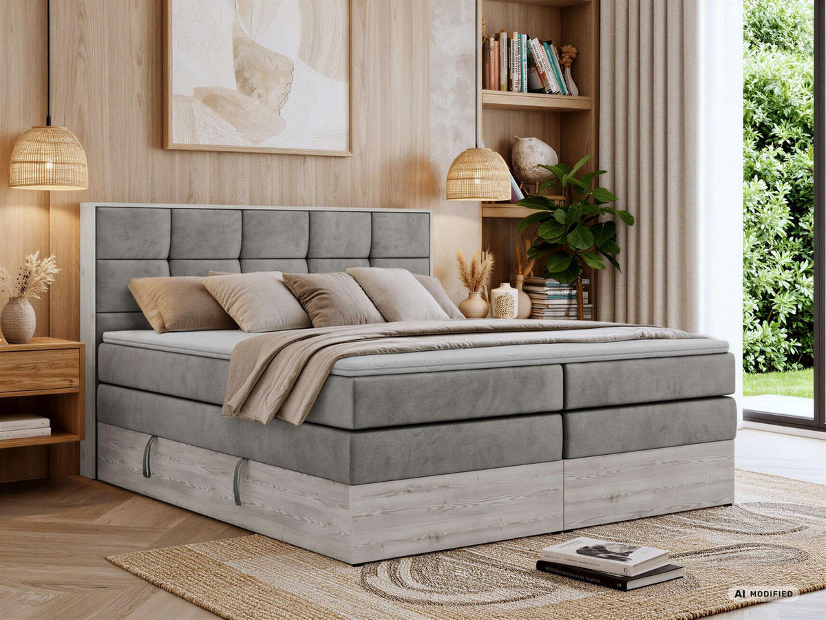 BOXSPRINGBETT ALNOR KING 160/200 - Hellgrau Velvet - Topper T25 - H4 - Hellgrau/Schwarz, Kunststoff/Textil (160/200cm) - MKS
