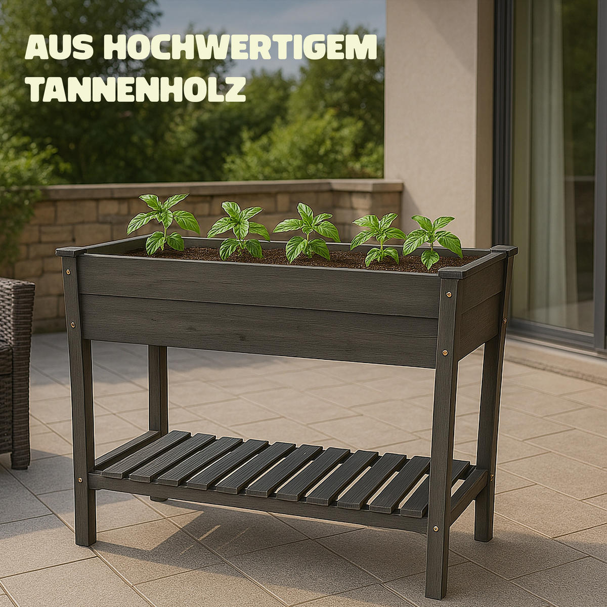 HOCHBEET Blumenbeet 85cm x 45cm x 81cm Pflanzkasten aus Holz mit Schutzvlies und Ablageboden - Grau, Naturmaterialien (85/81/45cm) - Bestlivings