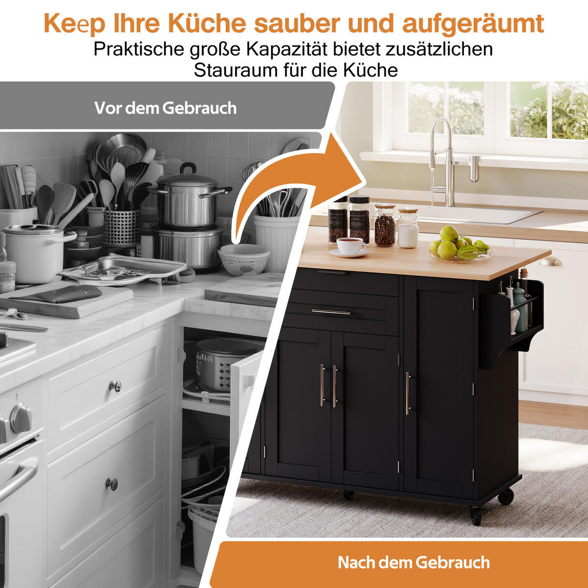 KÜCHENINSEL 136/70/92 cm schwarz/natur aus MDF mit Ausziehplatte - Schwarz, Holzwerkstoff (136/92/70cm) - OKWISH