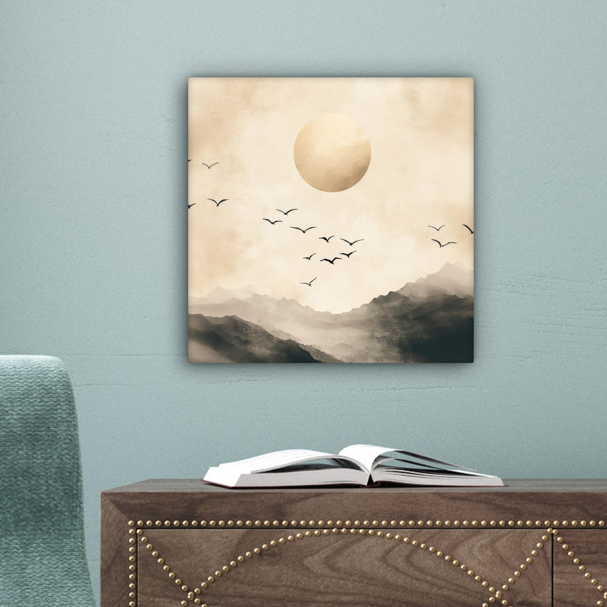 LEINWANDBILD Landschaft - Japandi - Vogel Deko Wohnzimmer 20x20 cm - Beige, Textil (20/20cm) - MuchoWow