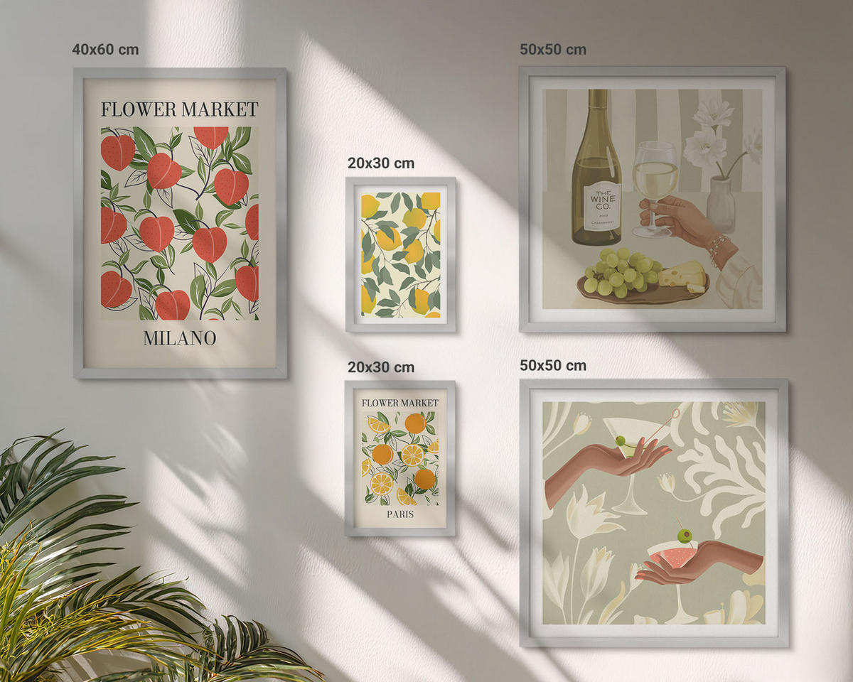 BILDER SET 5er Set - 50x50 cm & 20x30 cm & 40x60 cm Silberner Rahmen - Strandmotive, Muscheln, Wellen - Silberfarben, Kunststoff (40/60cm) - TULUP