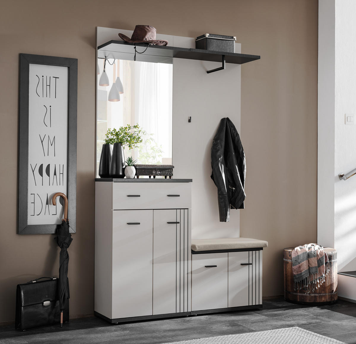 GARDEROBEN-SET Kaschmir, schwarz 4-teilig 120 cm, Flurgarderobe mit viel Stauraum - Kaschmir/Schwarz, Glas/Holzwerkstoff (120/20/32cm) - Inn.Furn