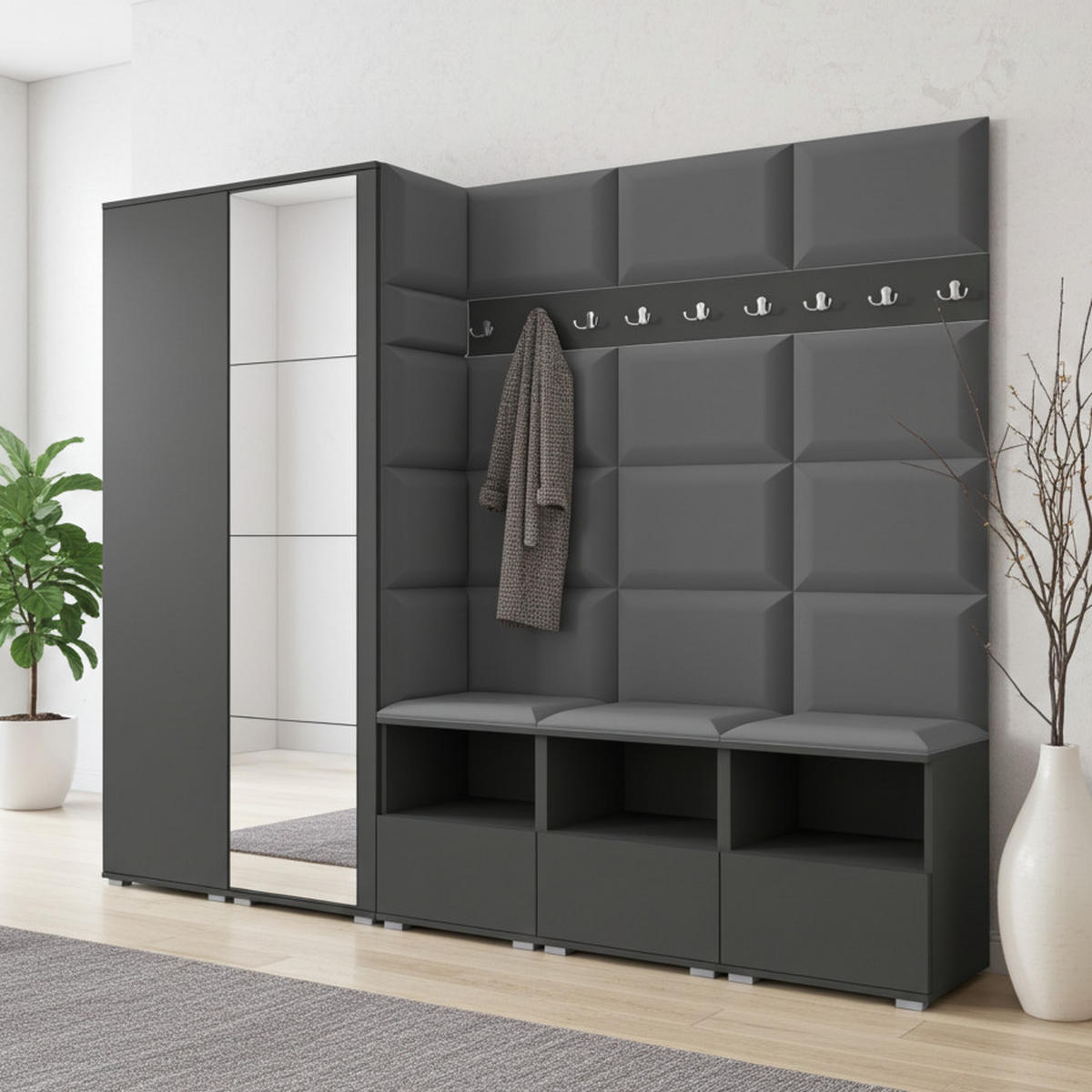 GARDEROBE NELA VII 250 cm (Modulare Flurmöbel XL Graphit mit Spiegel & Sitzpolster Dunkelgrau 15 Universell) - Dunkelgrau/Silberfarben, Holz/Holzwerkstoff (250/187/40cm) - Ravio