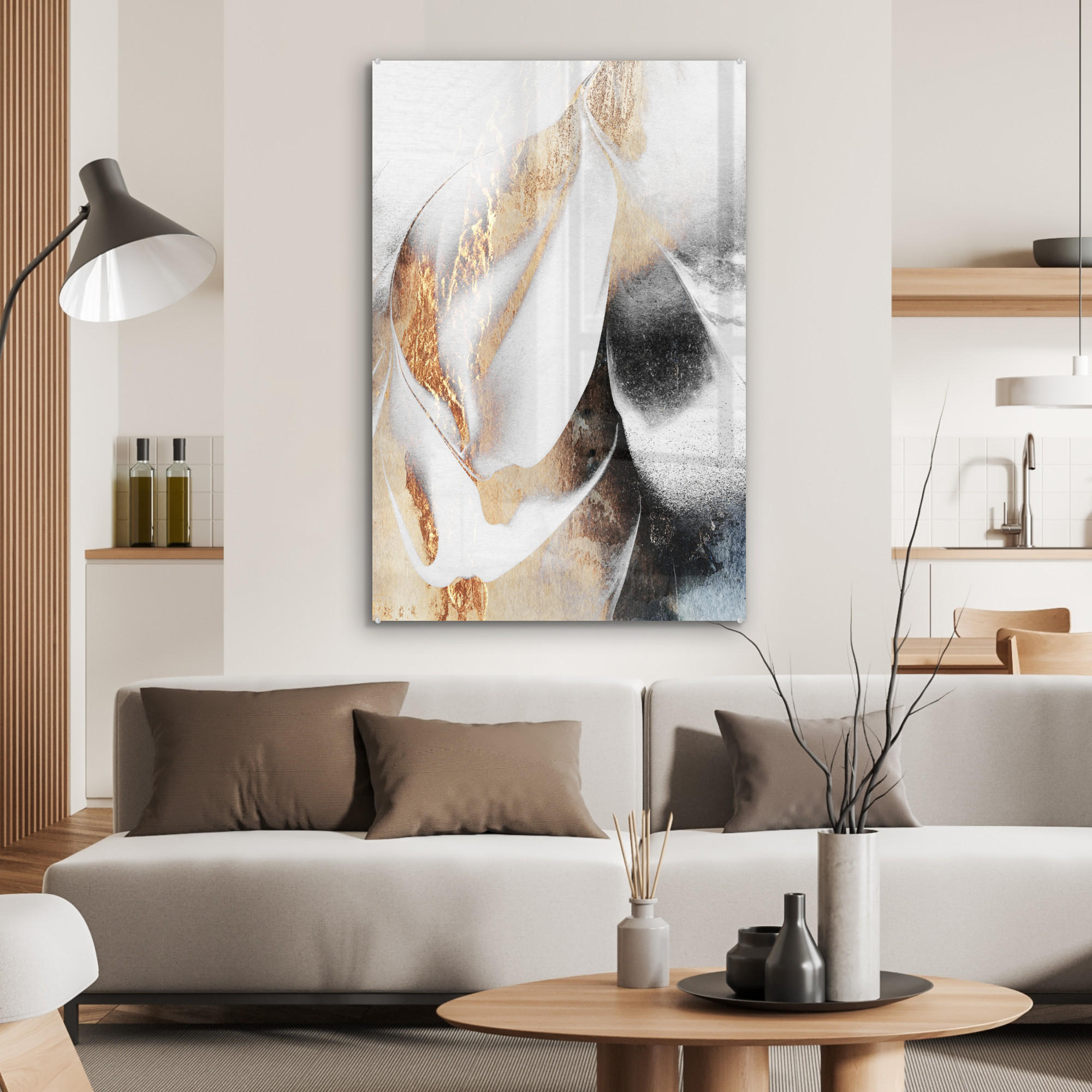 ACRYLGLASBILD Luxus - Abstrakt - Gold - Weiß 60x90 cm - Goldfarben, Glas (60/90cm) - MuchoWow