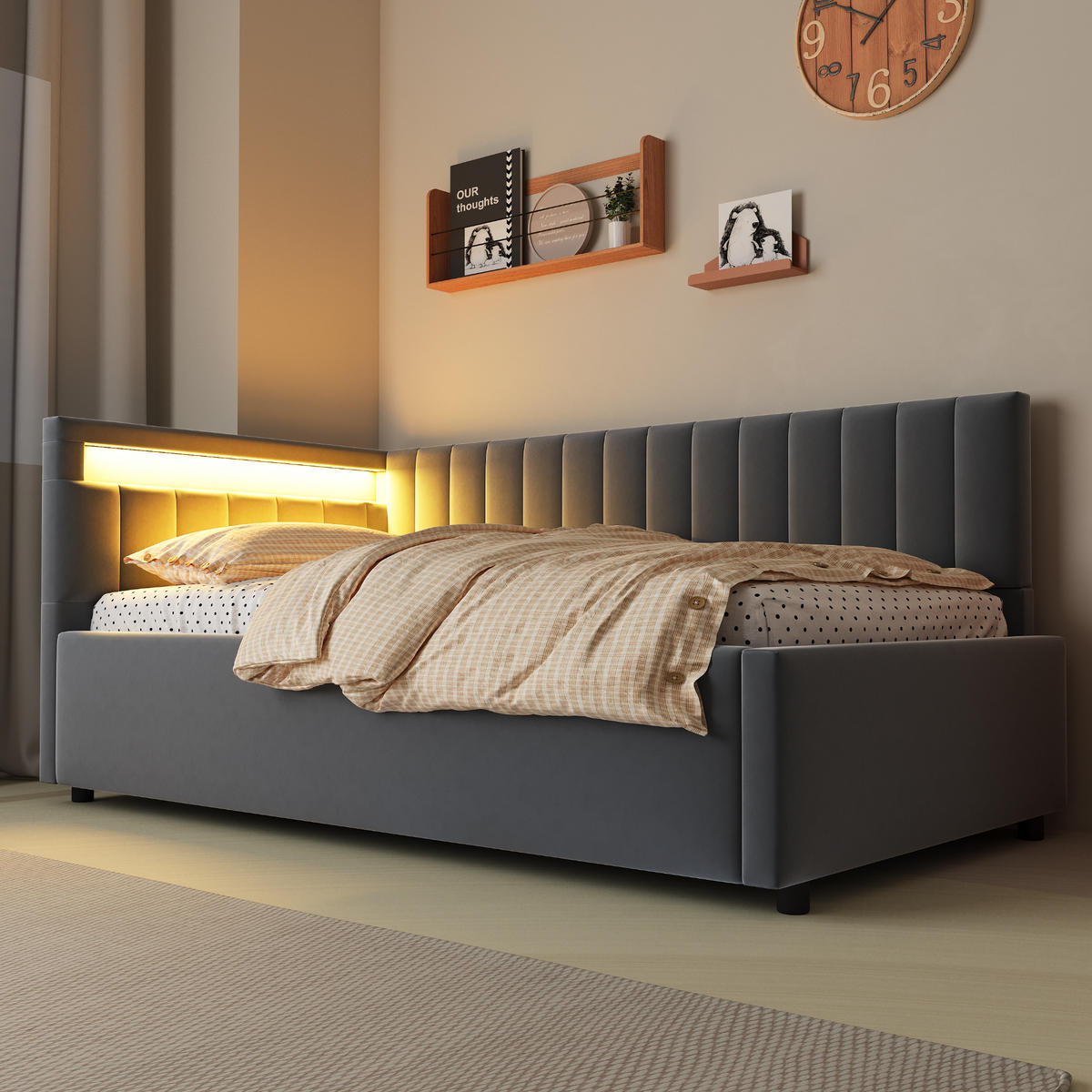 POLSTERBETT 90/200 cm grau aus Samtstoff mit LED und Stauraum - Grau, Textil (90/200cm) - OKWISH