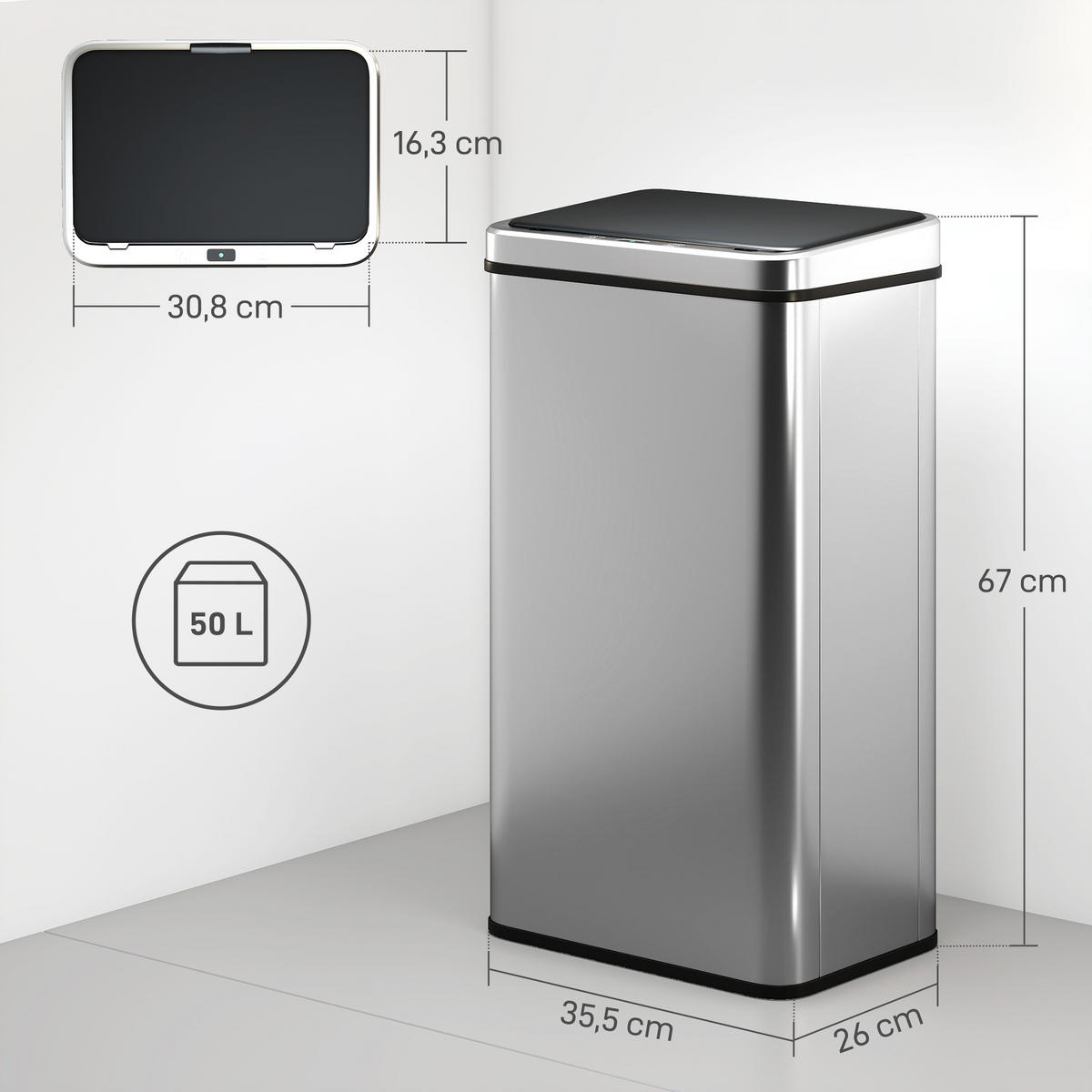 MÜLLEIMER DE-08940 50 L mit Bewegungssensor & Soft-Close Silber - Silberfarben, Kunststoff (26/67/35.5cm) - ComfortXL