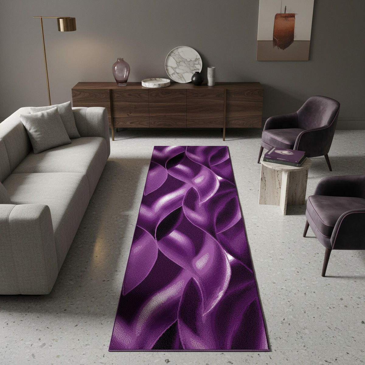 TEPPICH Kurzflor Abstrakte Wellen Polypropylen Wohnzimmer Violett Läufer 80x300 - Lila, Textil (80/300cm) - KADIMA DESIGN