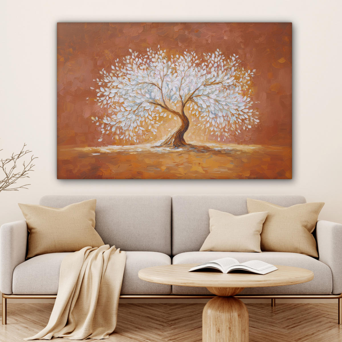 LEINWANDBILD Abstrakt - Baum - Weiß - Blätter XXL 150x100 cm - Braun, Textil (150/100cm) - MuchoWow