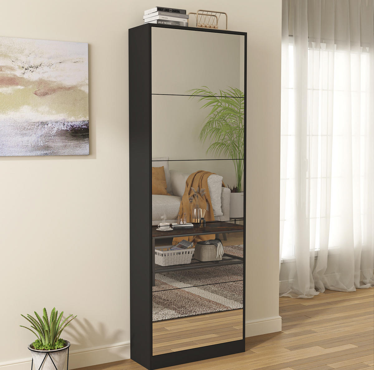 SCHUHSCHRANK 185 cm mit 5 Klappen und Spiegel, platzsparend, Schwarz - Schwarz, Holzwerkstoff (63/185/24cm) - Redom