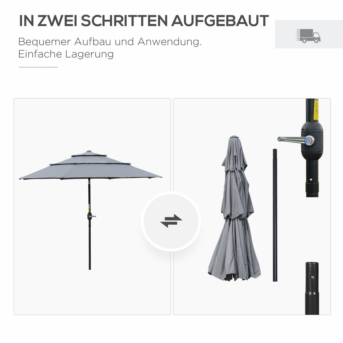 SONNENSCHIRM, Polyester, Stahl, ABS, Dunkelgrau - Dunkelgrau, Metall (265/265cm) - Outsunny