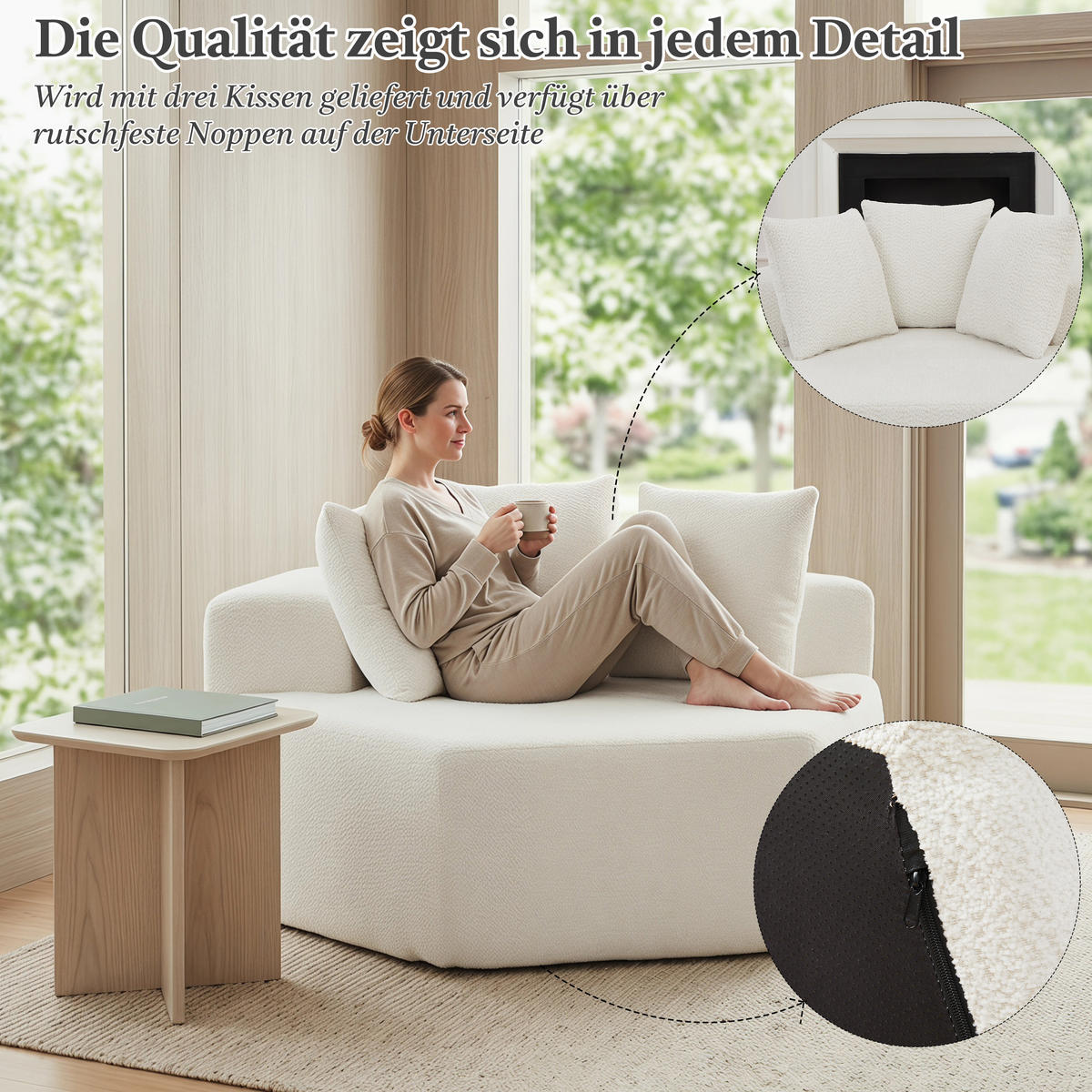 SESSEL 2er-Set Sechseckig modular mit 3 Kissen, DE-42738, Beige - Beige, Textil (138/76/122cm) - ComfortXL