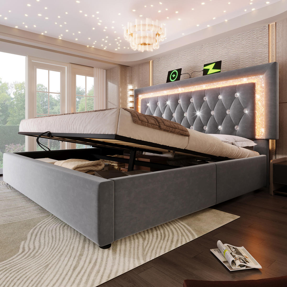 POLSTERBETT 140/200 cm Grau mit LED-Diamantstreifen und USB-Anschlüssen - Grau, Textil (140/200cm) - OKWISH