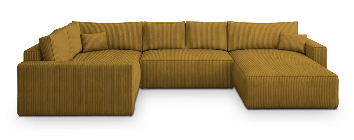 WOHNLANDSCHAFT VELAMI L-S Gelb Kordstoff mit Schlaffunktion - Gelb, Holz (365/83/194cm) - MASSENO