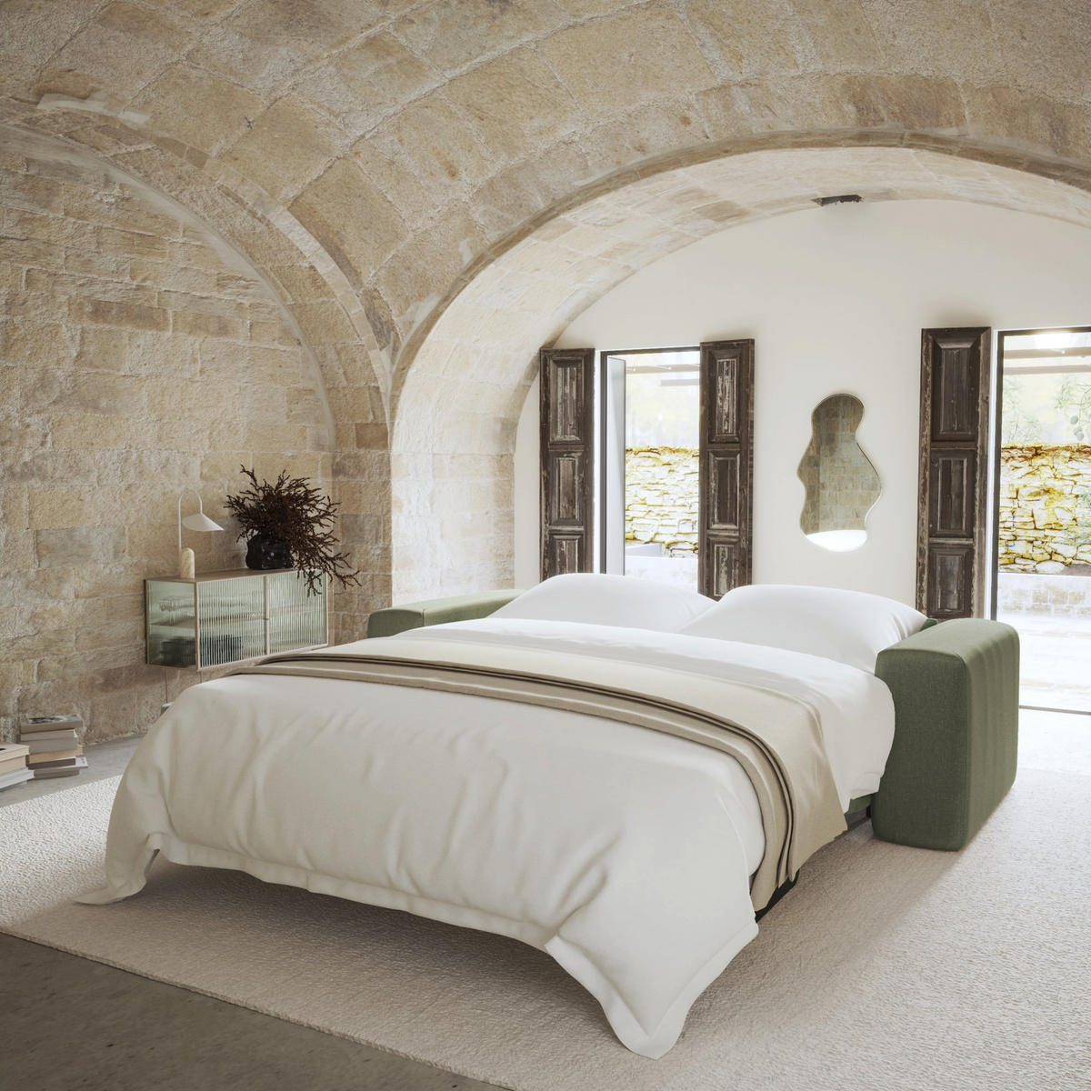 SCHLAFSOFA GERADE Rastergewebe Olivgrün 214cm - Olivgrün, Textil (214/73/95cm) - Sia Home