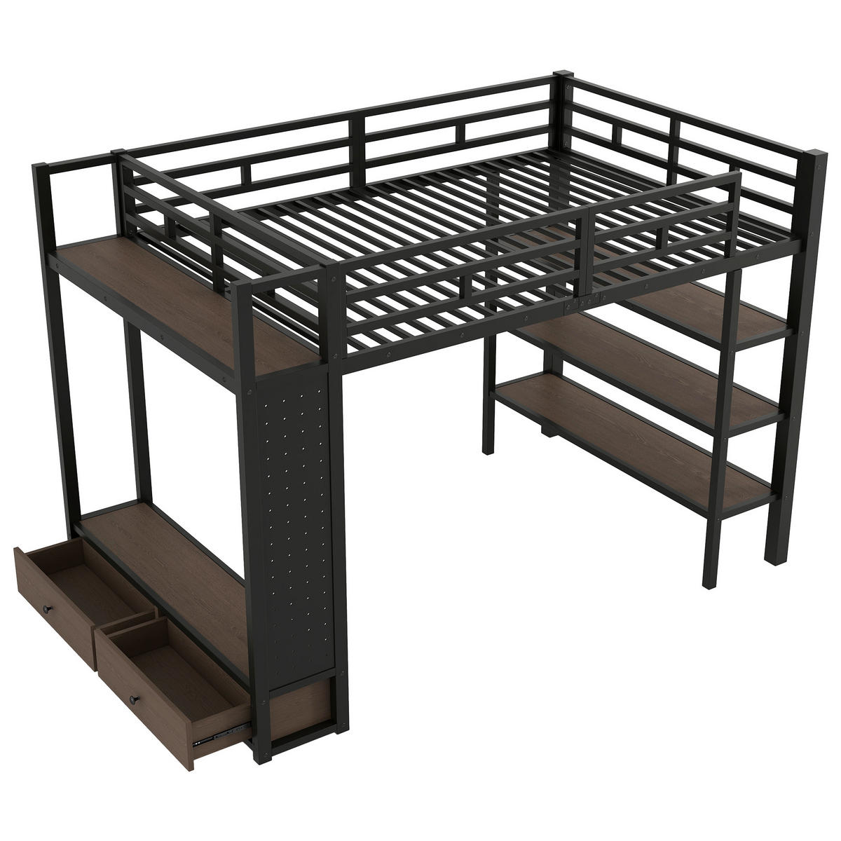 HOCHBETT 140/200 cm in Schwarz mit Kleiderschrank, Schubladen, Lochwand und LED - Schwarz, Holzwerkstoff/Metall (140/200cm) - STILVORA