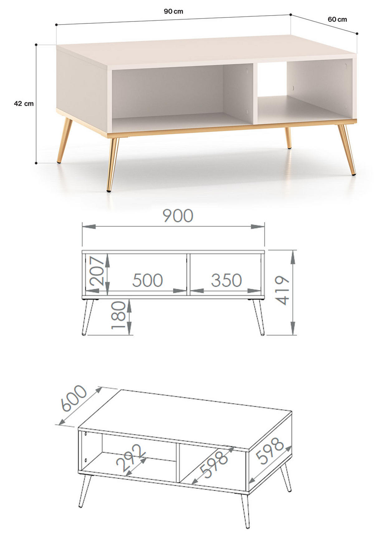 COUCHTISCH Selgin Kaschmir / Gold 90 / 60 / 42cm - Goldfarben/Creme, Holz/Holzwerkstoff (60/90/42cm) - Feldmann-Wohnen