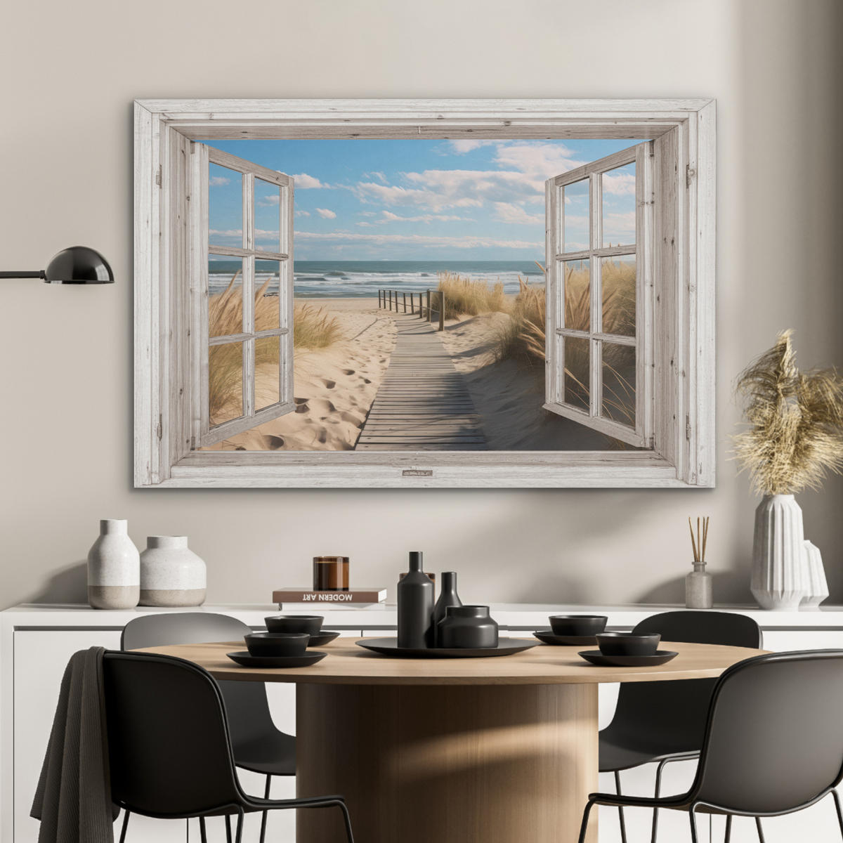 AKUSTIKBILD Fenster - Meer - Küste - Natur - Ausblick - Strand - Wattenmeer Akustikpaneele 90x60 cm - Beige, Kunststoff (90/60/0.9cm) - MuchoWow
