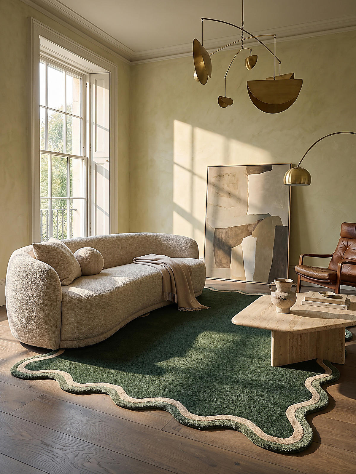TEPPICH aus Wolle, handgetuftet, ALHAM, in Waldgrün, Wellenbordüre, 120 x 170 cm - Grün, Textil (120/170cm) - KADIMA DESIGN