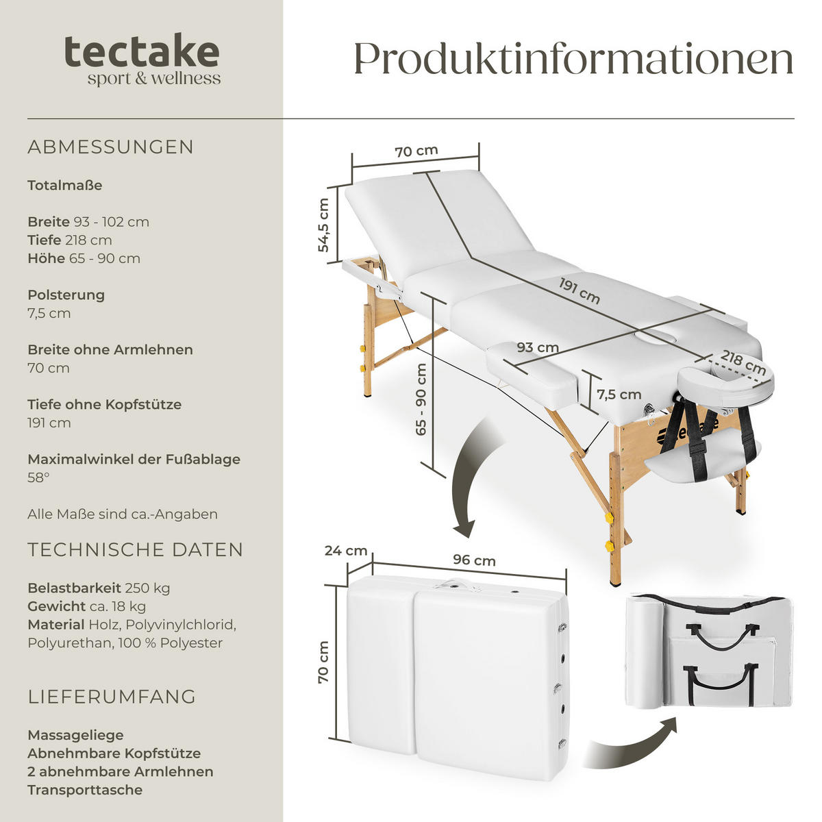 MASSAGELIEGE 3 Zonen Somwang,218 x 102 x 90 cm,weiß - Weiß, Holz (102/90/218cm) - tectake