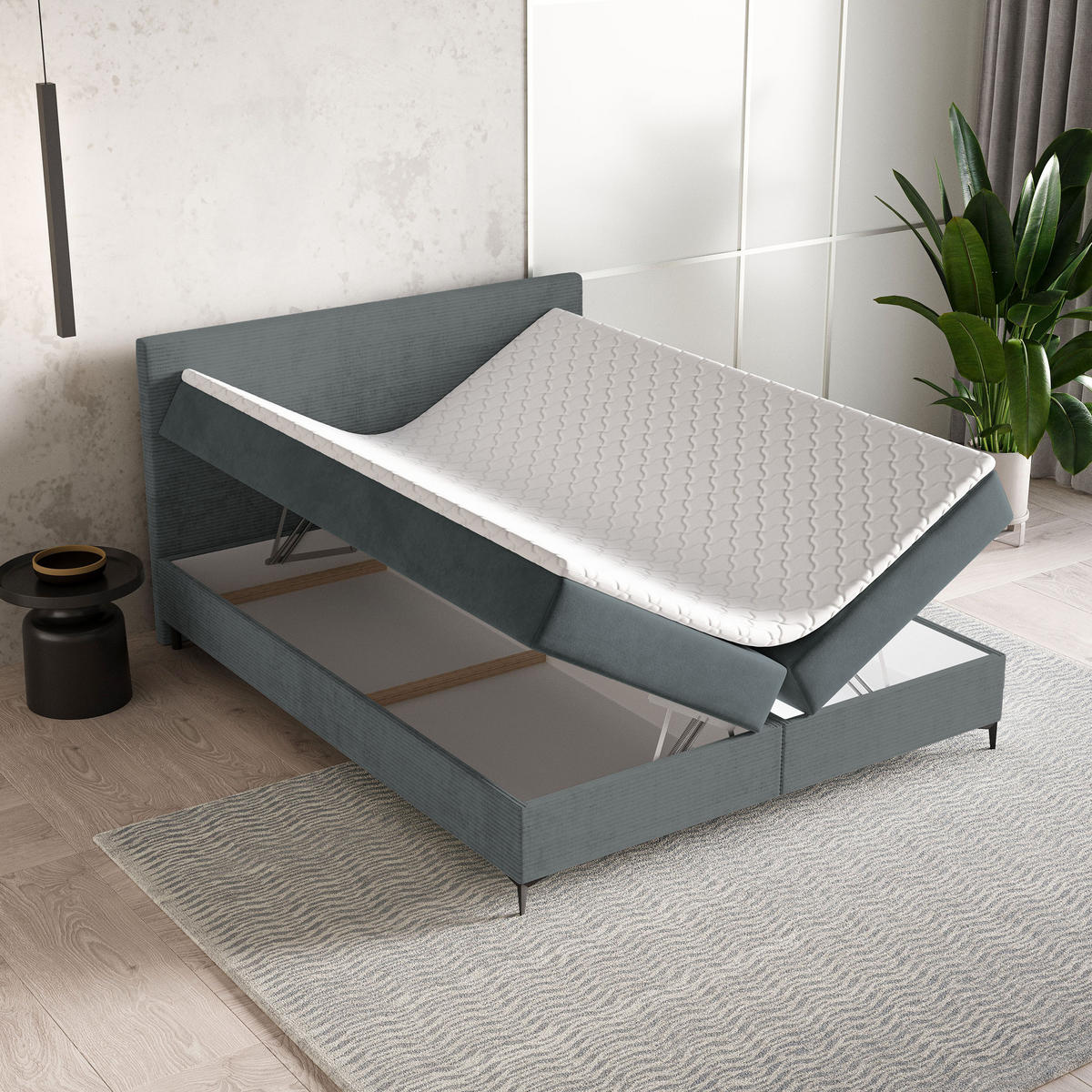 BOXBETT TORREL 140x200 cm mit Matratze und Topper - Grau - Grau, Holz (140/200cm) - MASSENO