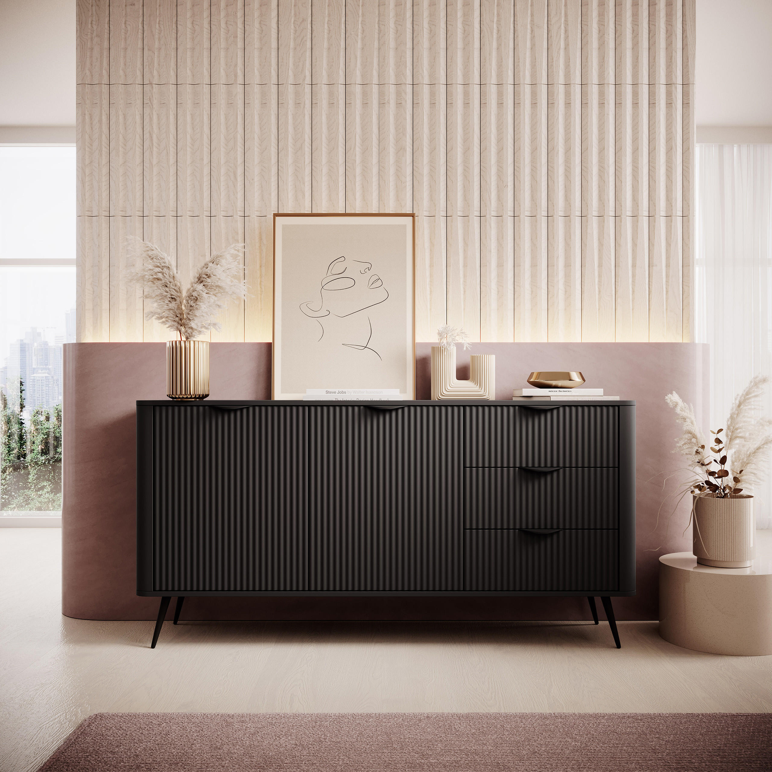SIDEBOARD LANTANA 163/81/38 cm mit 3 Schubladen und 2 Türen Schwarz - Schwarz, Holzwerkstoff (163/81/38cm) - MASSENO