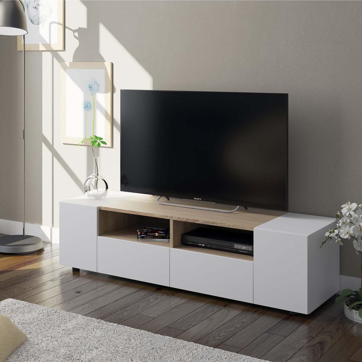 TV-ELEMENT Tania 4 Türen Weiß/Eiche - Weiß, Holzwerkstoff (138/36/42cm) - VS Venta-stock