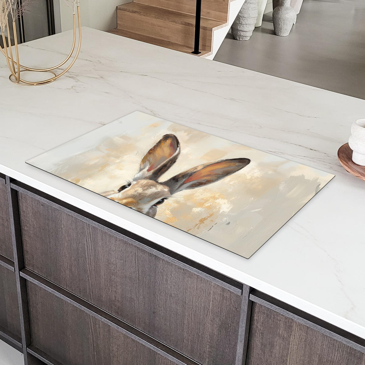 HERDABDECKPLATTE Hase - Ohren - Braun Induktionsschutz 91.2x52 cm - Beige, Kunststoff (91.2/52/0.2cm) - MuchoWow