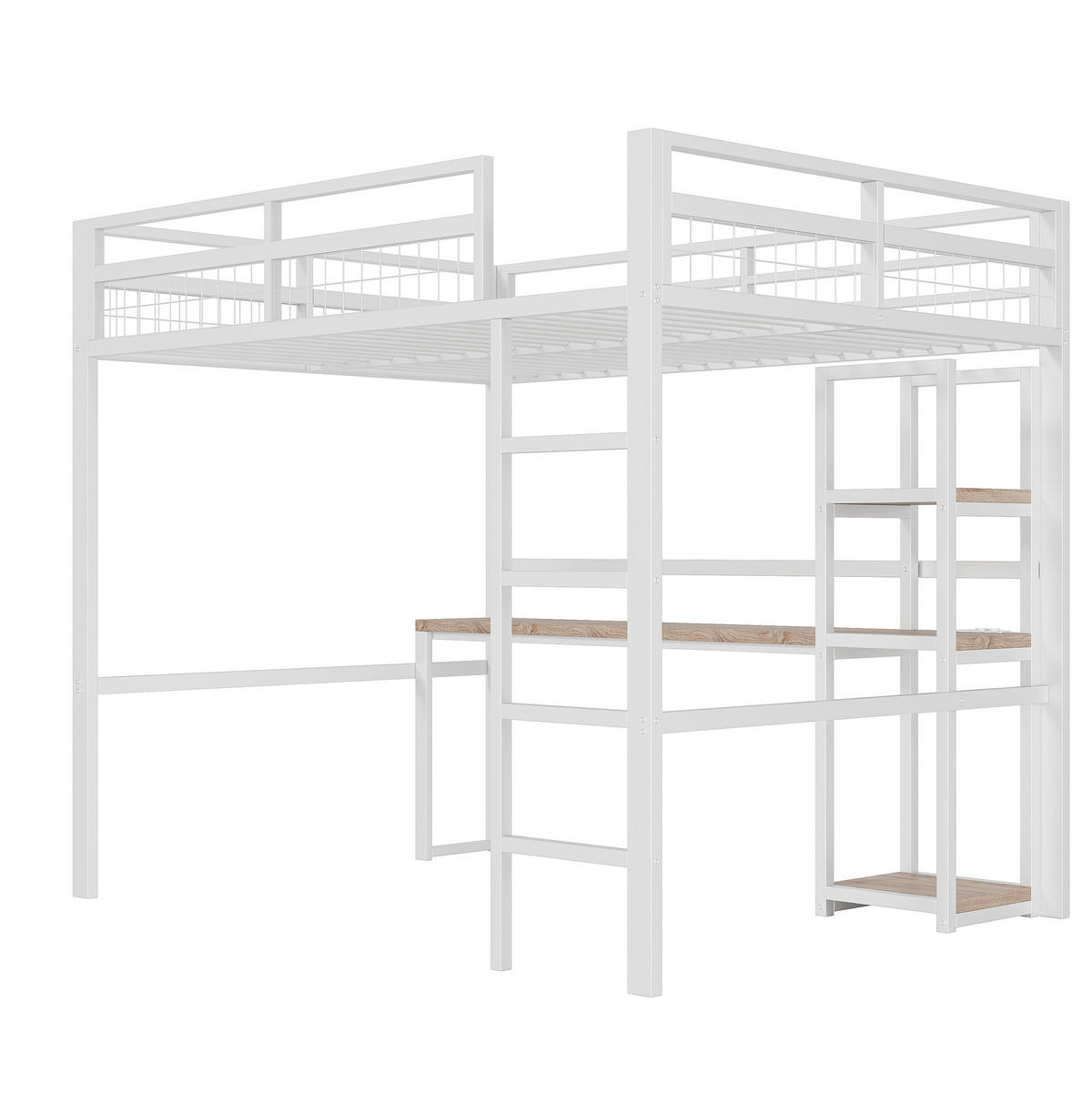 HOCHBETT 140/200 cm in Weiß – mit Schreibtisch, Regalen und Leiter - Weiß, Metall (140/200cm) - BEAOK