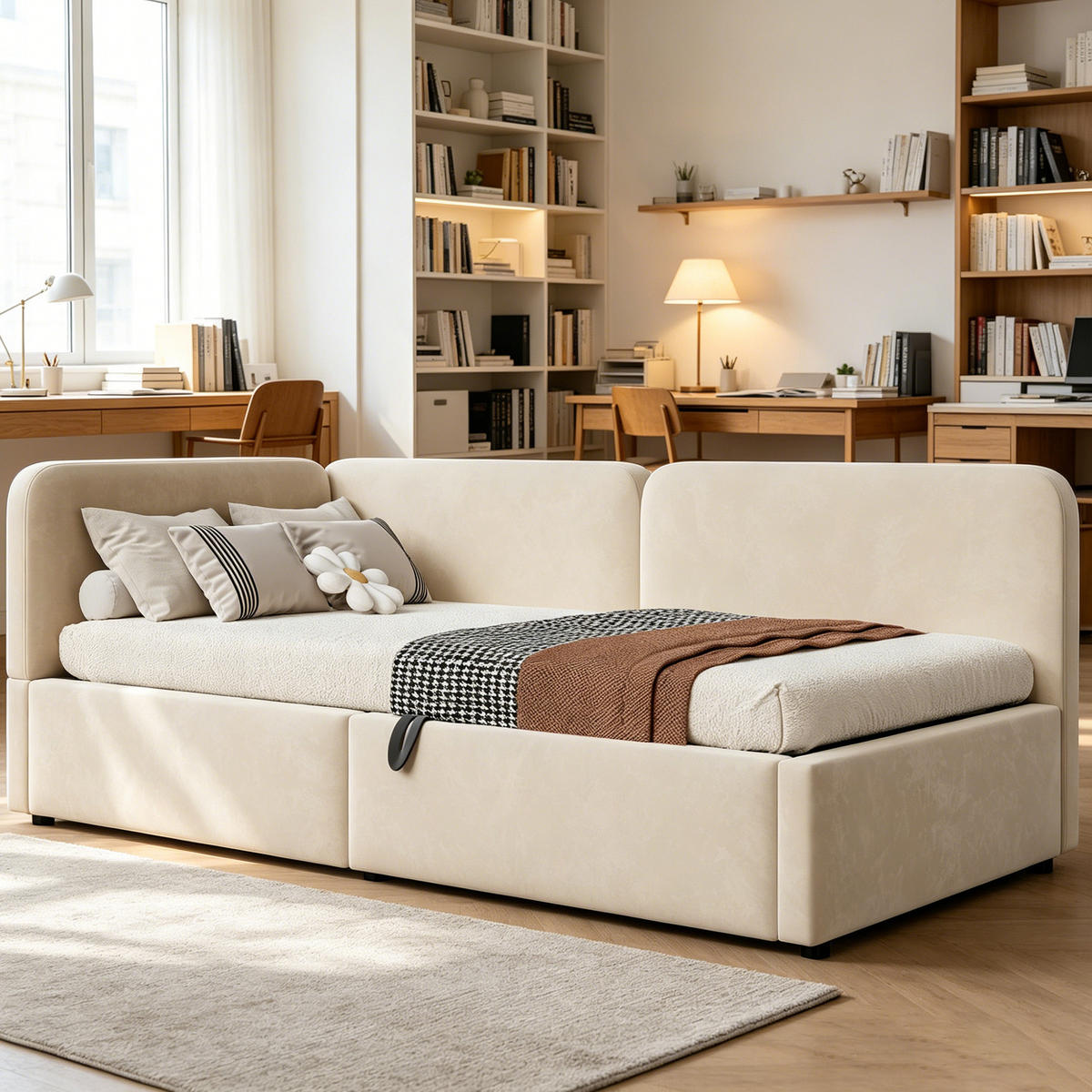 90 x 200 cm Samt-Schlafsofa mit hydraulischem Stauraum, hohem Kopfteil, austauschbarer Rückenlehne, platzsparendes Bett , Beige - Beige, Textil/Metall (90/200cm) - Modenvie