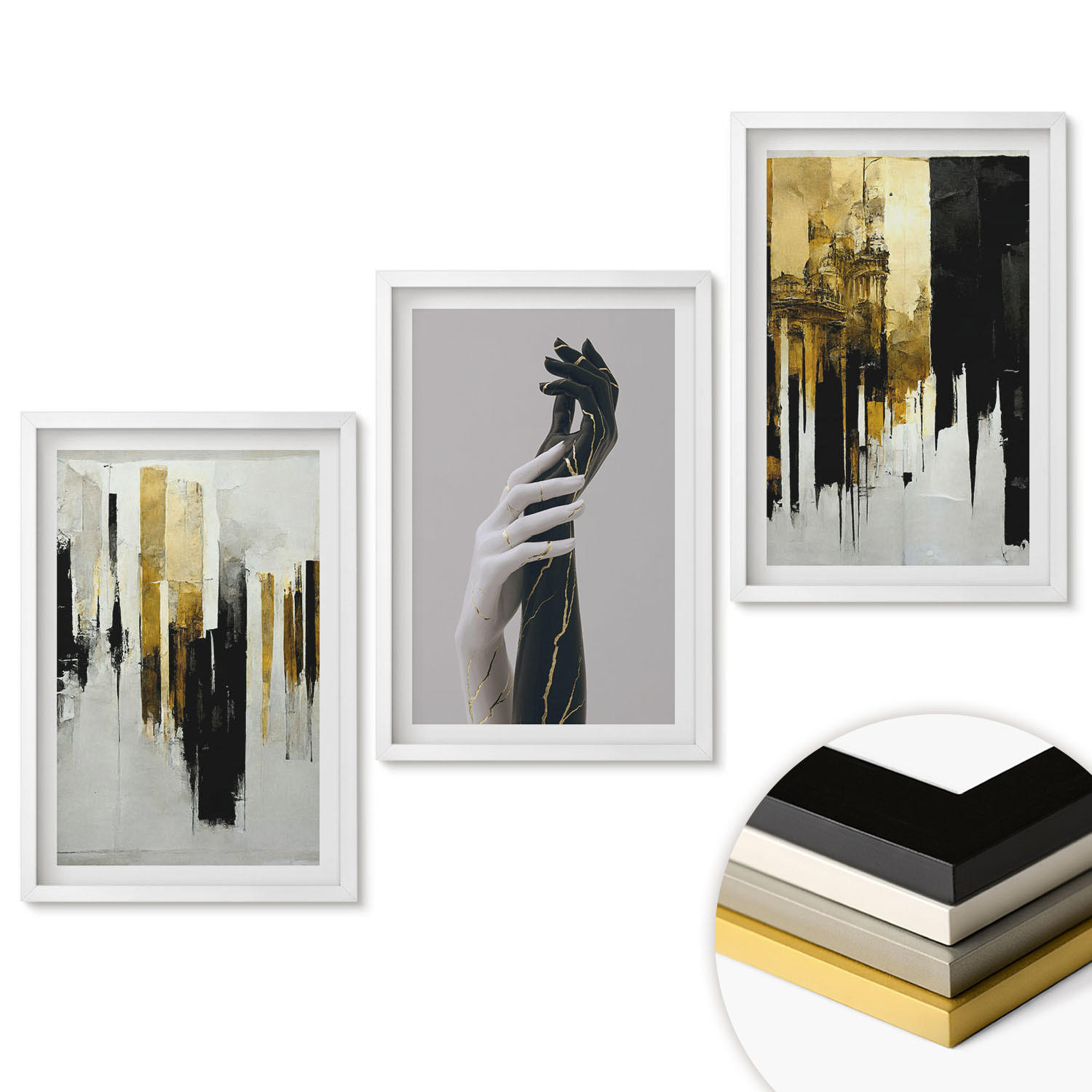 WANDBILDER 3er-Set - 40x60 cm Weißer Rahmen - Abstrakte handgemalte Muster - Weiß, Kunststoff (40/60cm) - ArtPrintCave