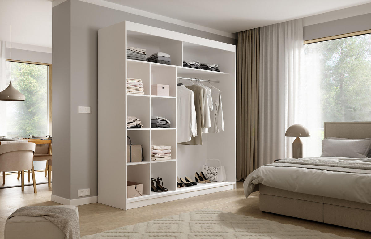 SCHWEBETÜRENSCHRANK VIVA 200/215,5/59cm 2-türig mit Spiegel Weiß - Weiß, Holzwerkstoff (200/215.5/59cm) - MASSENO