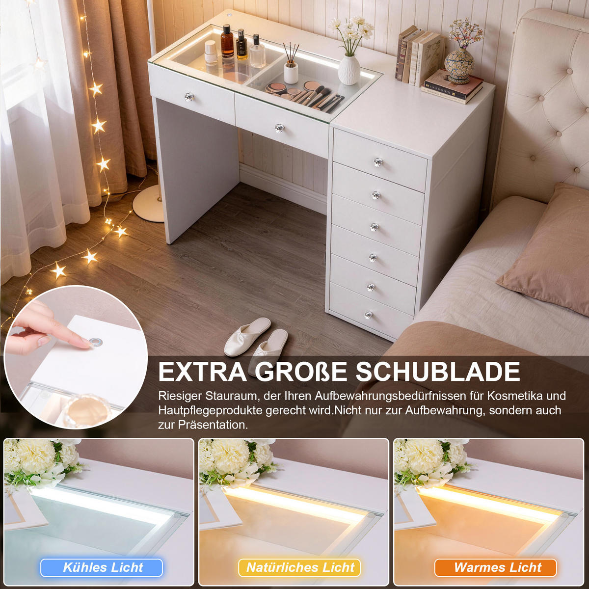 SCHMINKTISCH mit 8 Schubladen 120/55/81 CM und LED Beleuchtung Schminkspiegel Lichtleiste weiß 58/46 cm - Weiß, Holz (55/81/120cm) - VANITII