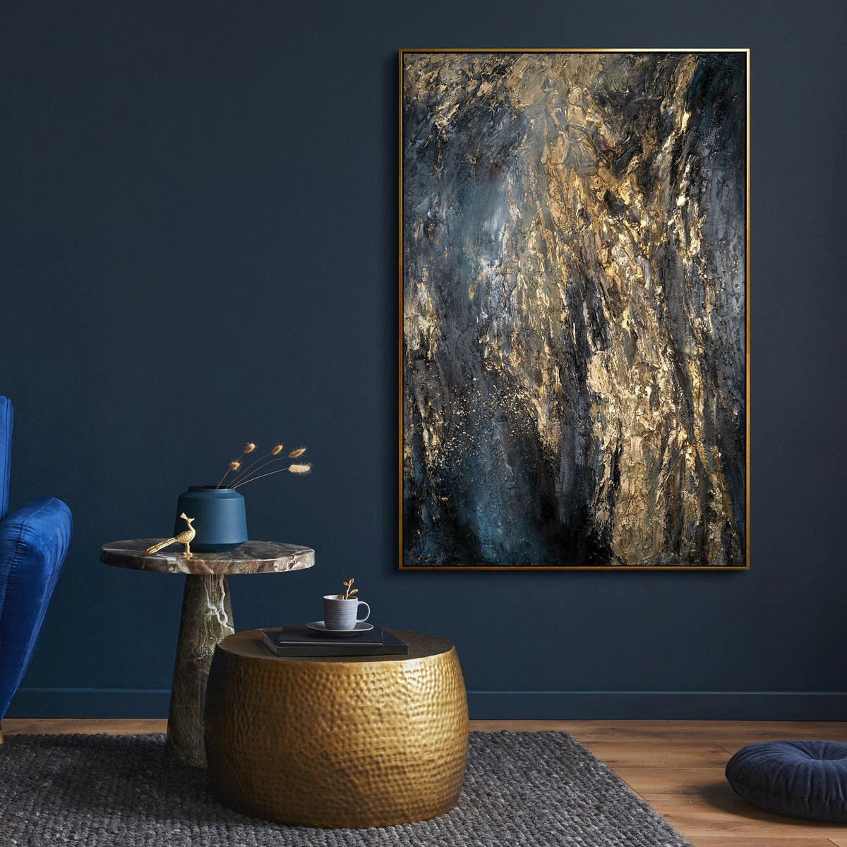 GEMÄLDE Azurblau Schattenfugenrahmen Schwarz-Gold 120x80 cm - Schwarz Hochglanz, Holz (120/80cm) - YS-art gallery