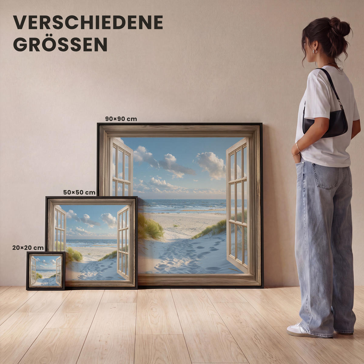 LEINWAND Bilder mit Rahmen - Aussicht - Strand - Fenster - Dünen - Meer - 90x90 - Hellblau, Textil (90/90cm) - MuchoWow