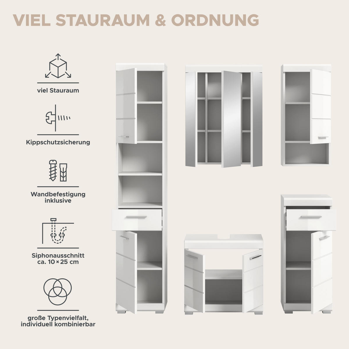 BADKOMBINATION 5tlg. Scout Bad in weiß Nachbildung und weiß hochglanz B/H/T: 164x191x34 cm - Weiß, Holz (164/191/34cm)