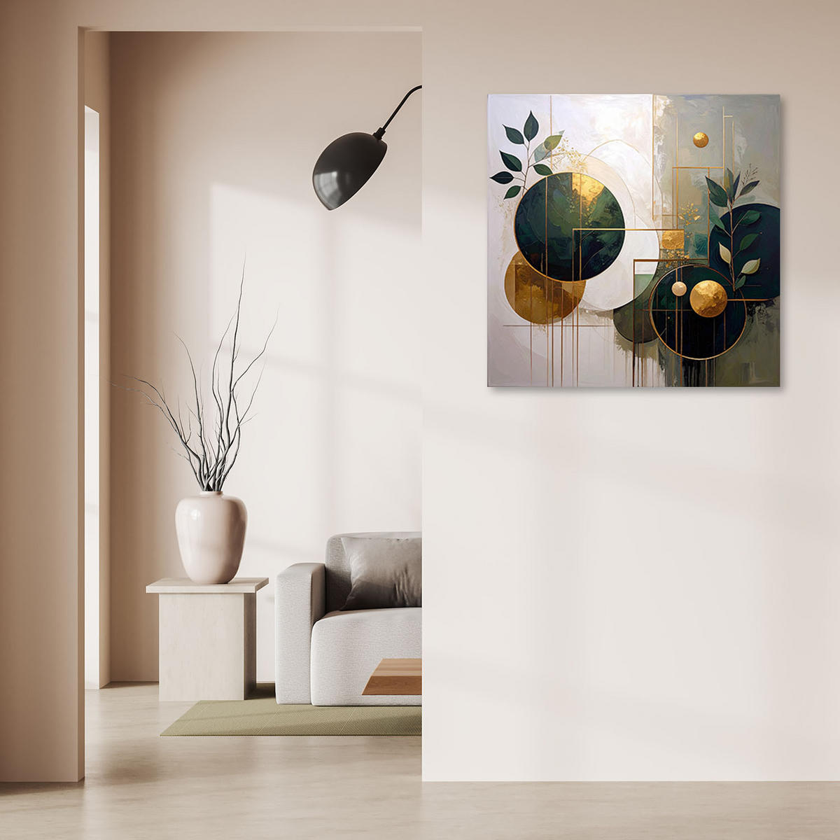 LEINWANDBILD, Abstrakt Kreise und Blätter in Beige und Grün - Grün, Textil (20/20cm) - Feeby