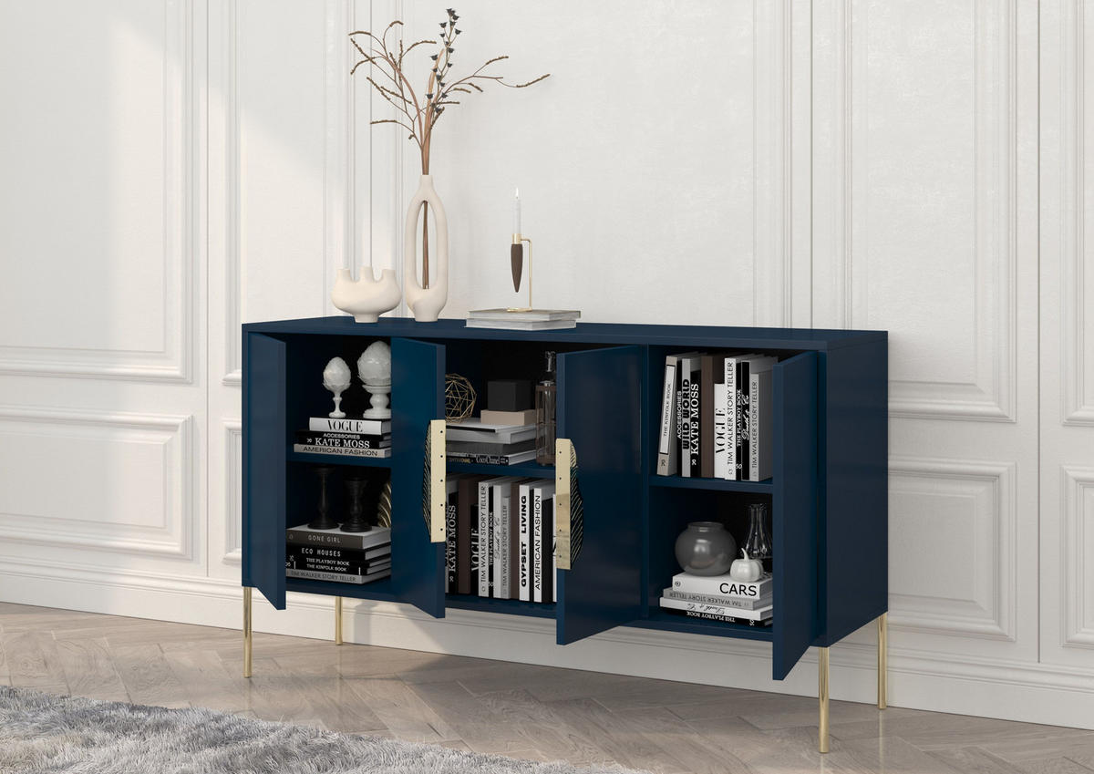 SIDEBOARD Merlin, Marinblau, Goldene Details - Goldfarben/Dunkelblau, Holzwerkstoff/Metall (138/79/40cm) - Skandica