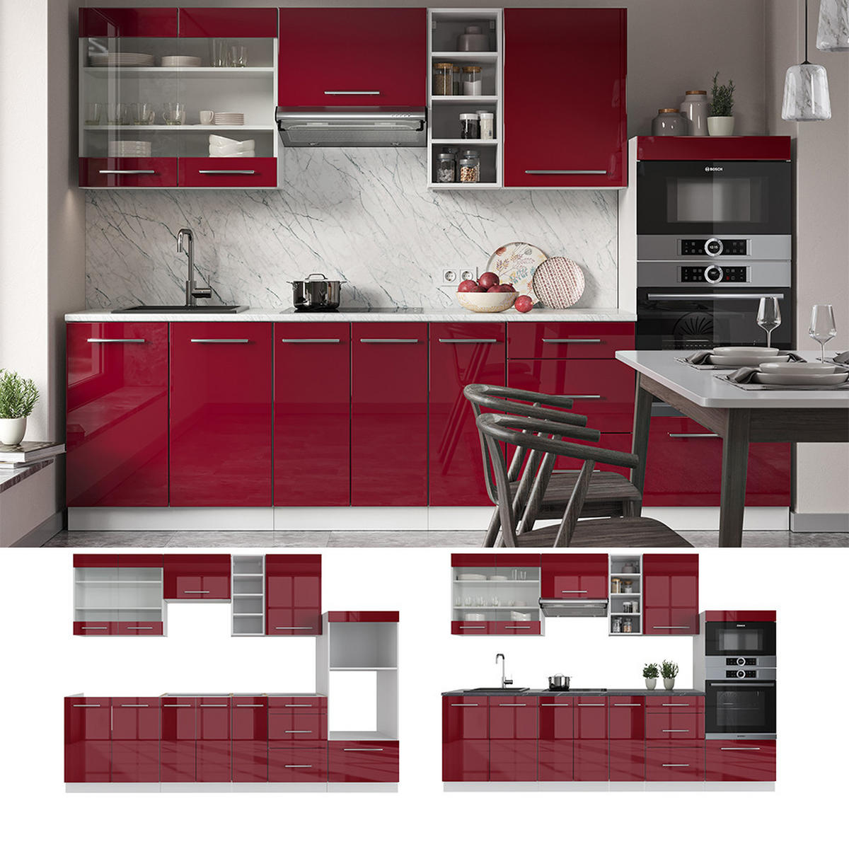 KÜCHENZEILE Fame-Line Bordeaux Hochglanz/Weiß 280 cm ohne AP - Bordeaux/Weiß, Holzwerkstoff (280/81.6/46cm) - Vicco