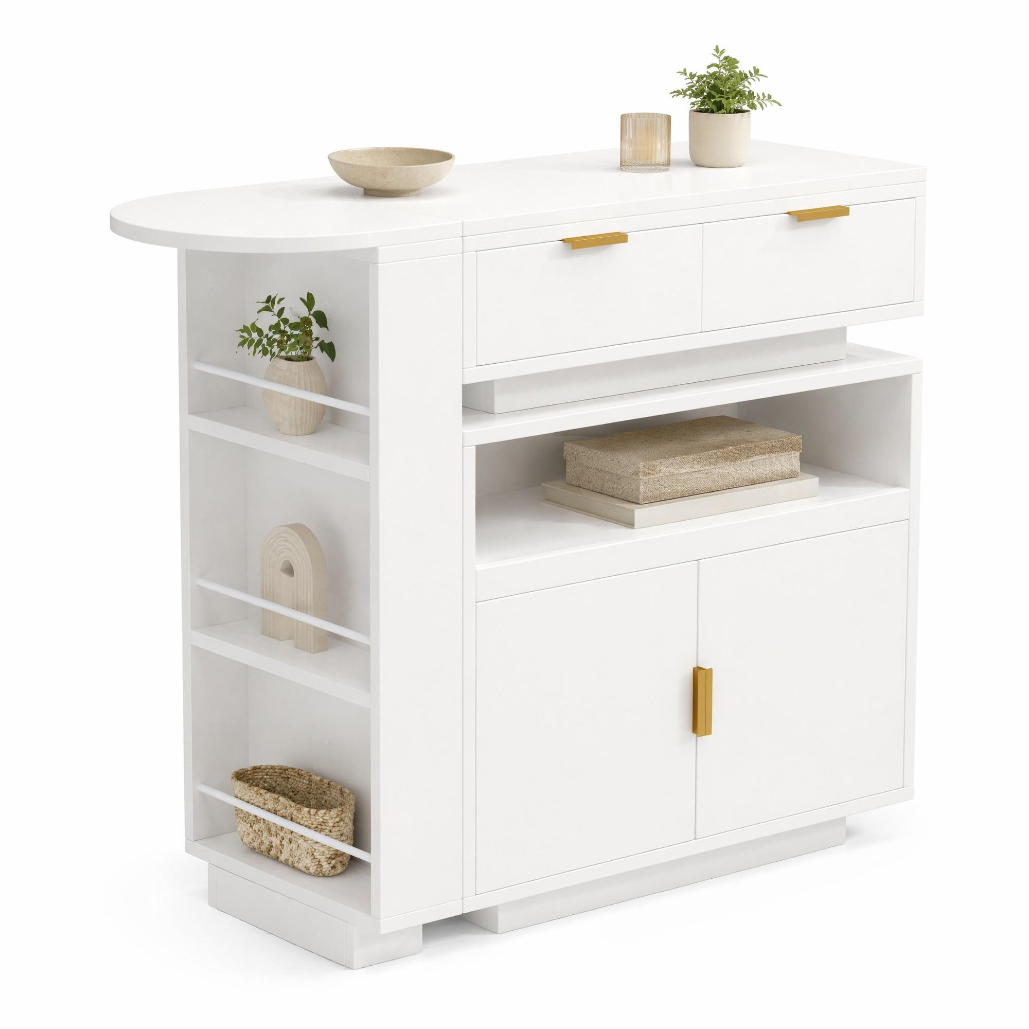 BARTISCH in Weiß ausziehbarer Esstisch mit Stauraum, LED-Beleuchtung und 360° Drehfunktion, B115-183/T40/H99cm - Weiß, Holzwerkstoff/Metall (37/153/99.5cm) - STILVORA