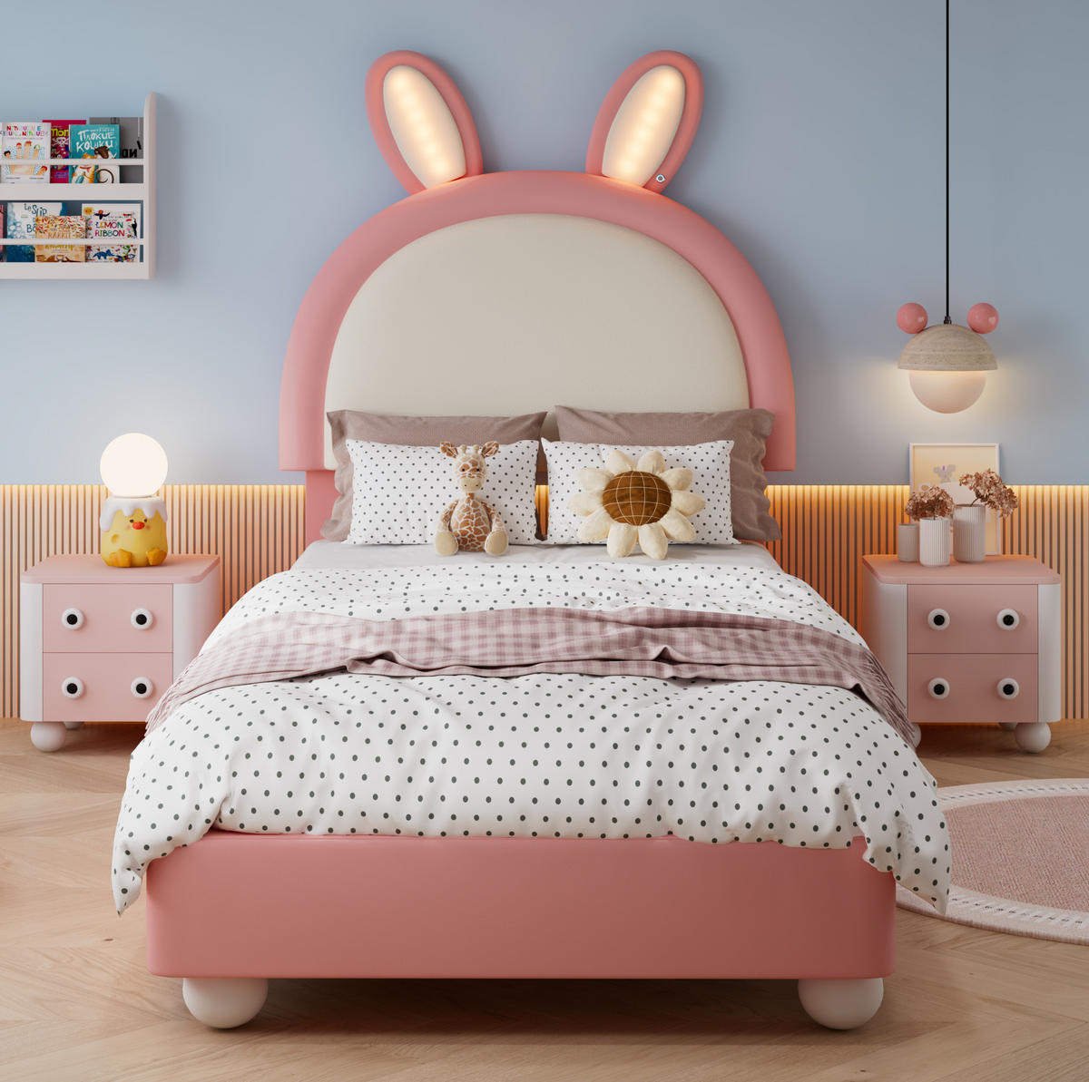 POLSTERBETT mit Hasenkopfteil und LED 90x200 cm Rosa-Weiß - Pink, Holzwerkstoff (90/200cm) - Beauniv