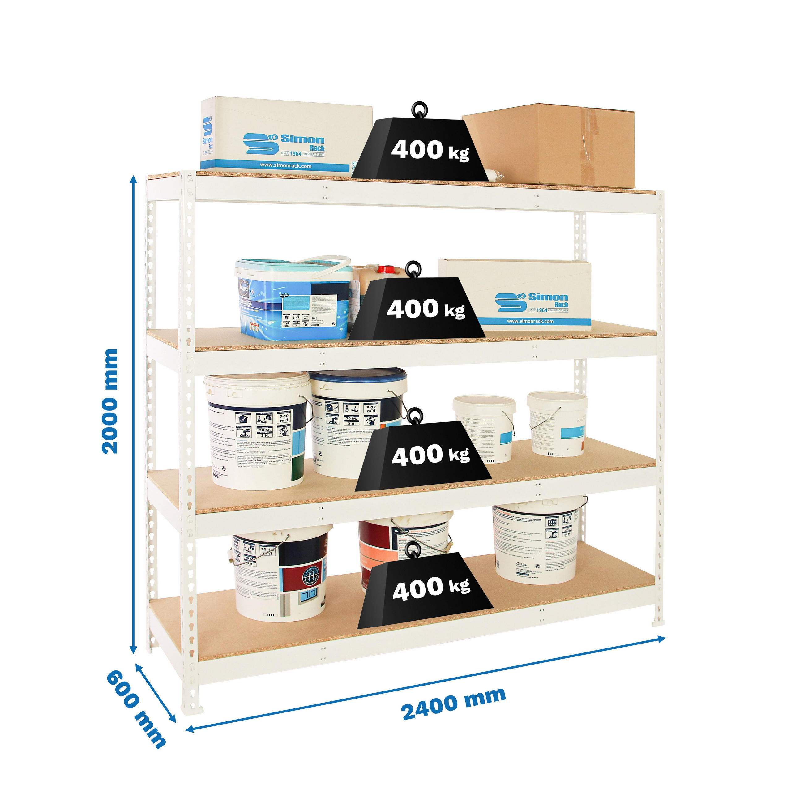 SCHWERLASTREGAL Wood Beast Four HxBxT 200 x 240 x 60 cm Fachlast 400 kg Weiß - Weiß, Metall (240/200/60cm) - PROREGAL