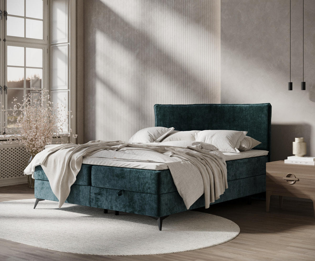 BOXBETT Peru Türkisfarben 160/200 cm im Chenille-Stoff - Türkis/Schwarz, Holz/Holzwerkstoff (160/200cm) - Maison de Reve