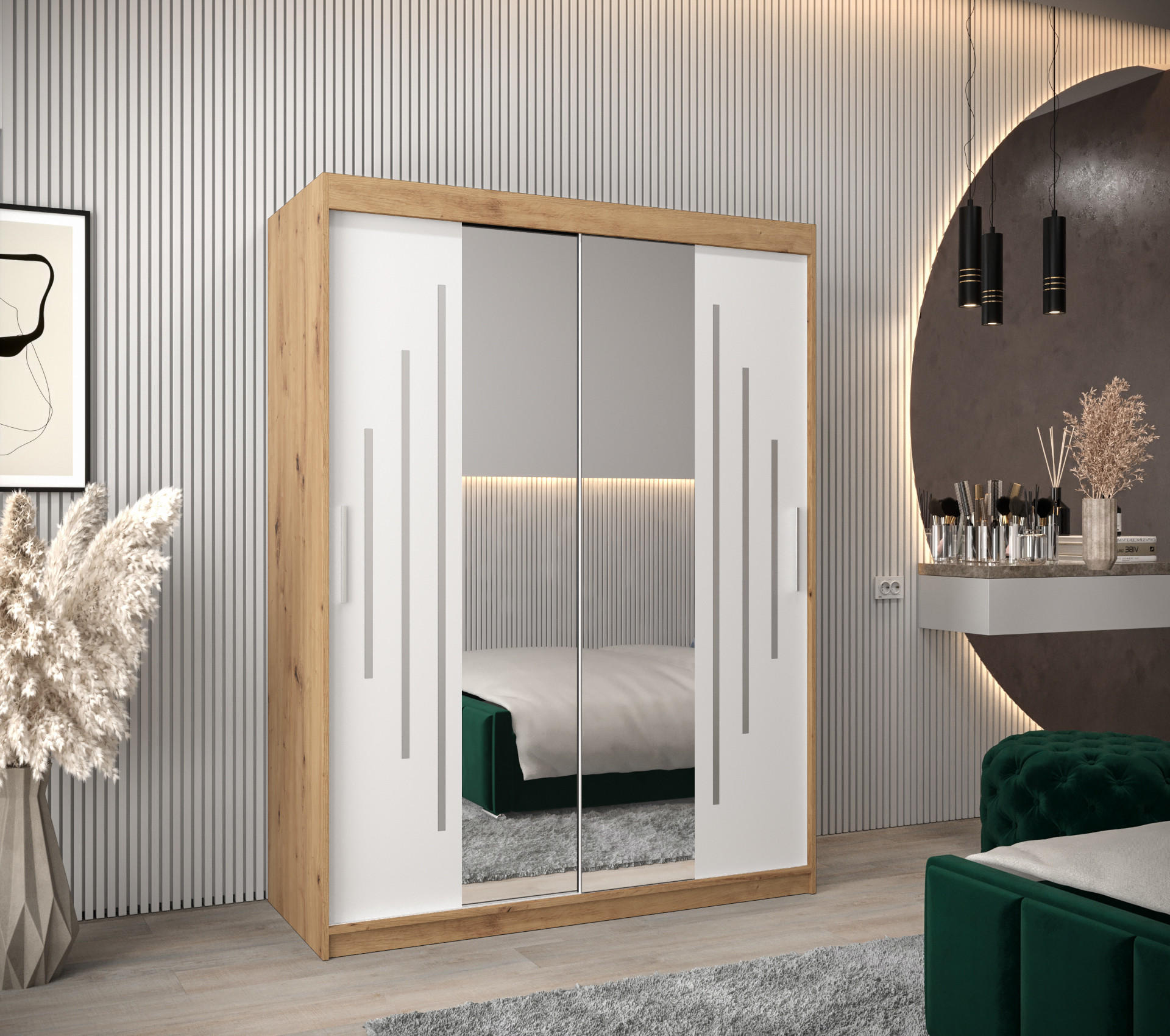 SCHWEBETÜRENSCHRANK 200/150/62 2-türig - Silberfarben/Weiß, Holz/Kunststoff (150/200/62cm) - Abiks Möbel