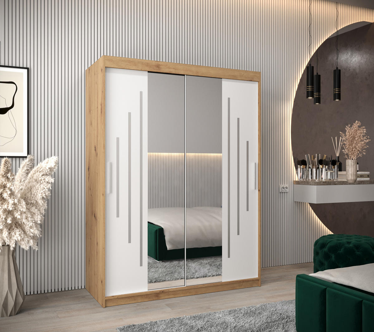 SCHWEBETÜRENSCHRANK 200/150/62 2-türig - Silberfarben/Weiß, Holz/Kunststoff (150/200/62cm) - Abiks Möbel