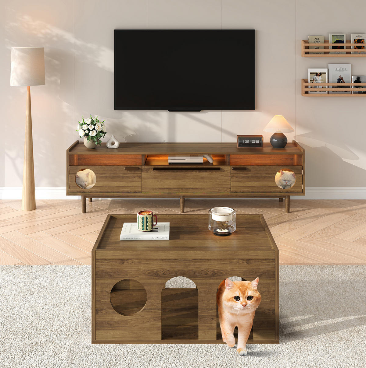 TV-SCHRANK aus MDF und Glas 180x40x50 cm Nussbaumfarben mit LED-Beleuchtung und katzenfreundlichen Türöffnungen - Walnussfarben, Holzwerkstoff (180/50/40cm) - Modfu